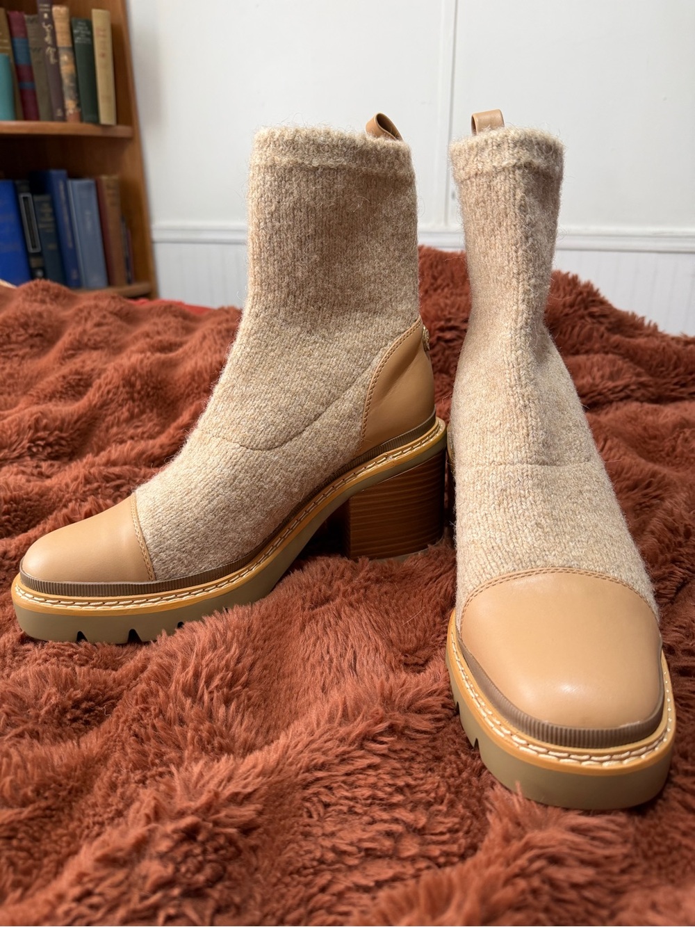Sam Edelman Tan Knit Sock Chelsea Block Heel Booties